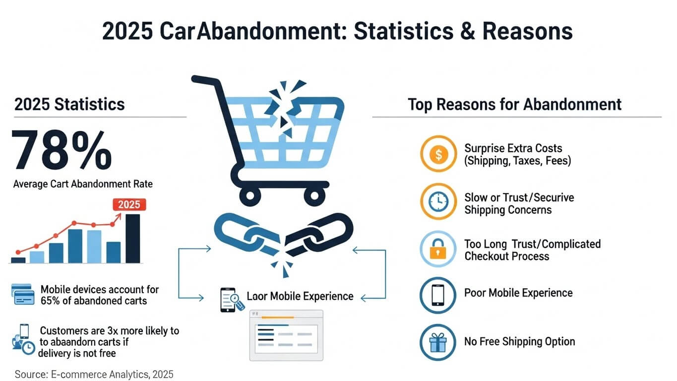 Infographic showing 2025 cart abandonment statistics and reasons for abandonment