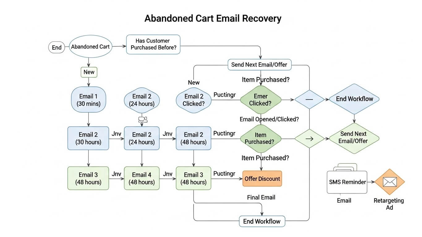 Diagram showing a typical abandoned cart email recovery workflow with multiple stages and conditional logic